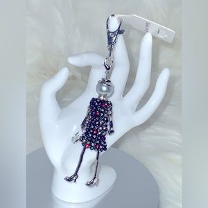 Women Car Key Holder, Bag Charm. Little Doll With Rhinestones and Pearl.